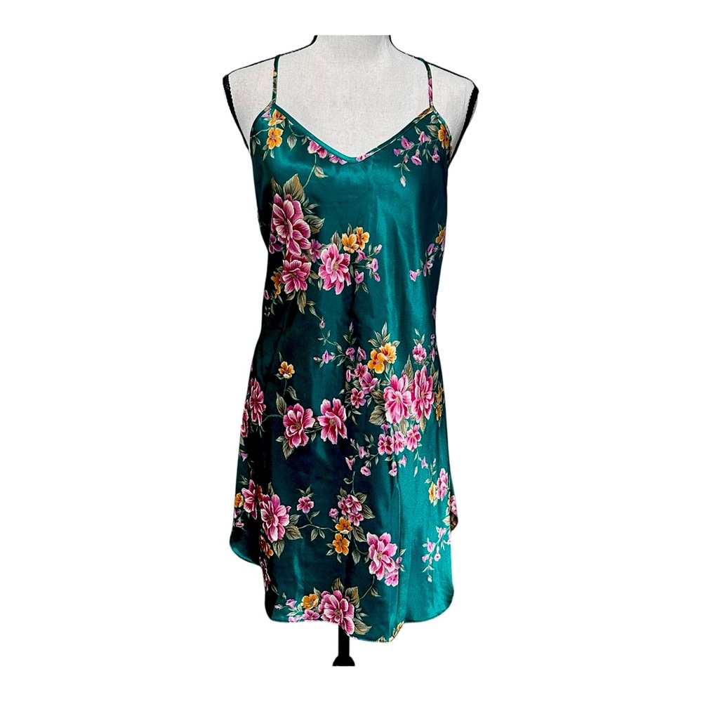 Vintage Dentelle Green Floral Satin Slip Dress L Y2K Made in USA